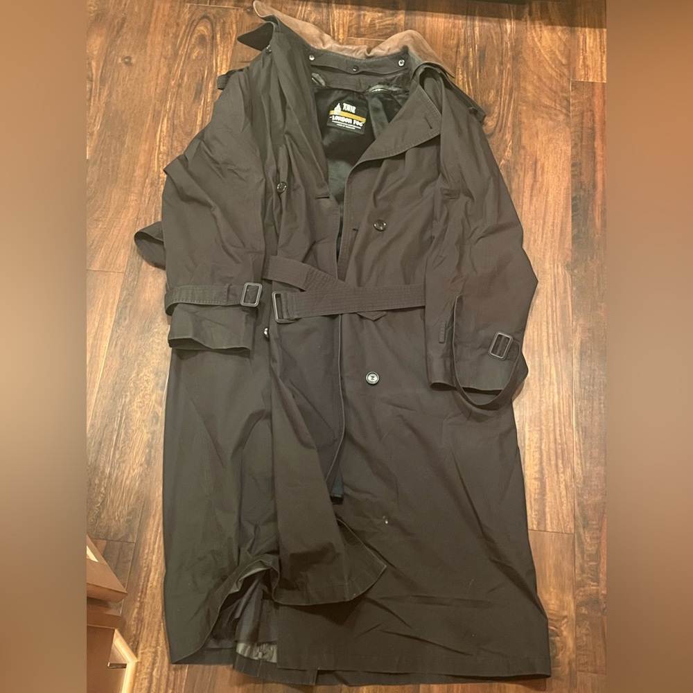 London Fog Size 44 LNG LONG Black Leather Nylon Fleece Trench Coat